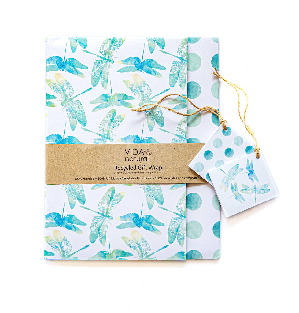 100% UK Recycled Gift Wrap Blue Dragonfly Design