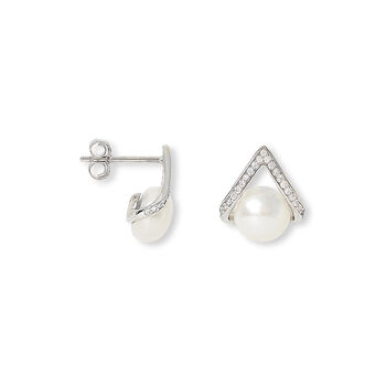 Stella Silver Pave Triangular Studs With Cultured Freshwater Pearls, 2 of 3