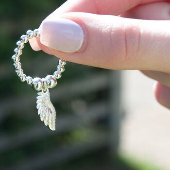 Sterling Silver Ball Bead Ring With Angel Wing Charm, 4 of 7
