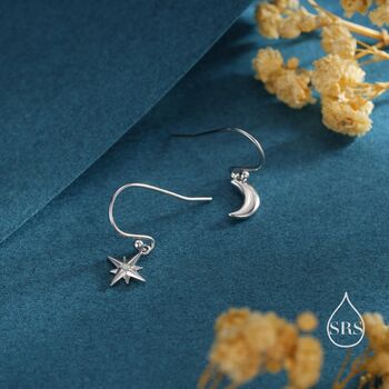 Sterling Silver Extra Tiny Starburst And Moon Dangle Drop Hook Earrings, 2 of 12