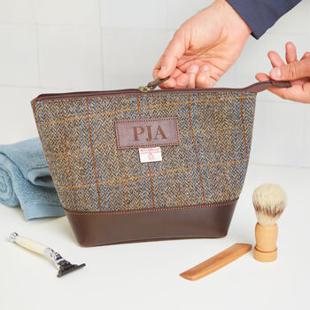 Harris Tweed And Leather Personalised Wash Bag Christmas Gift For Him, 2 of 12