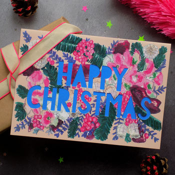 Happy Christmas Neon Floral Papercut Christmas Card, 3 of 5