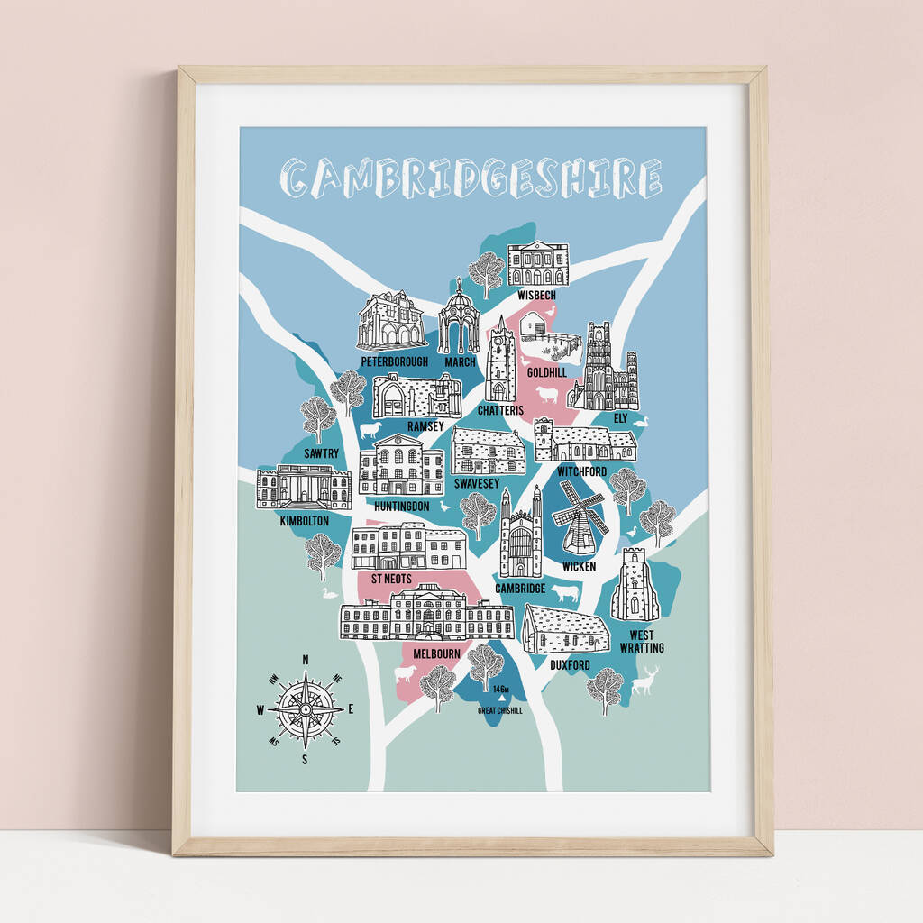 Cambridgeshire Map Print By Bea Baranowska Illustration   Original Cambridgeshire Map Print 