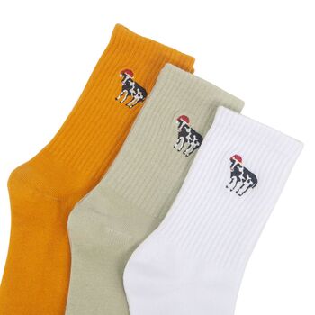 Men's Farm Cow Embroidered Cotton Christmas Socks Three Pack, 2 of 5
