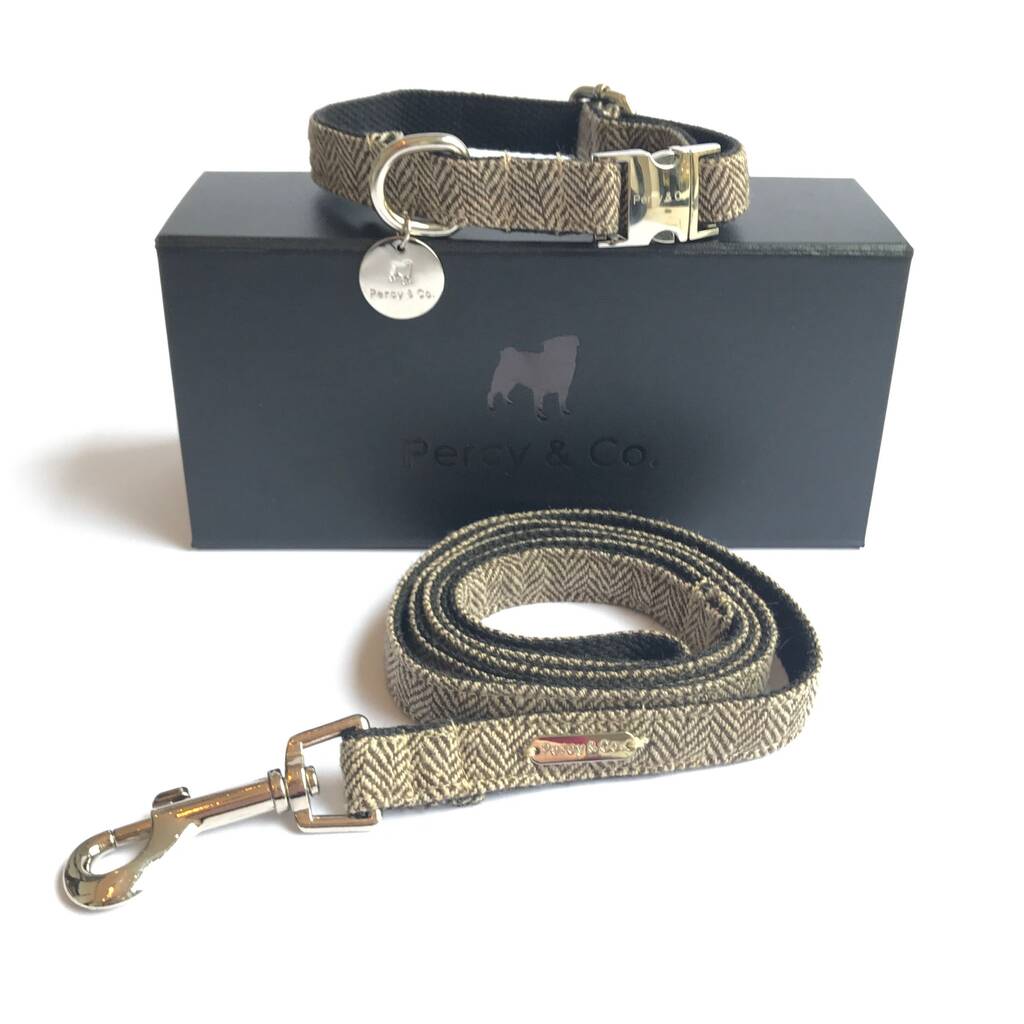 Beaufort Country Brown Tweed Dog Collar And Lead Set By Percy and Co.