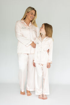 Personalised Mum And Daughter Pink Silky Pyjama Set, 5 of 8