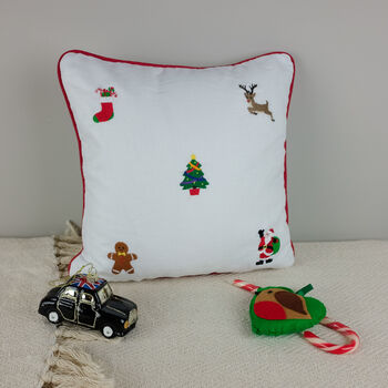 Christmas Themed Embroidered Cushion, 2 of 8