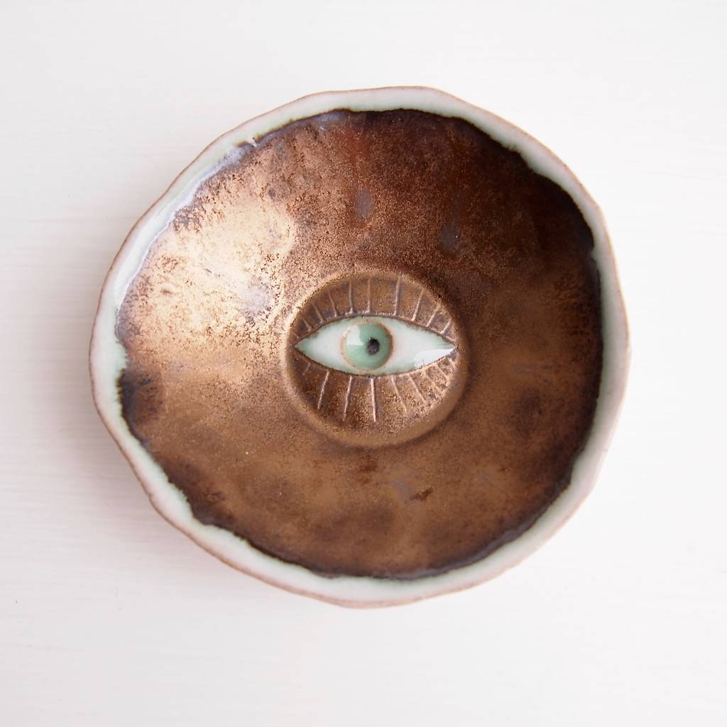 Handmade Pottery Gold Ring Dish With Eyes Decoration By