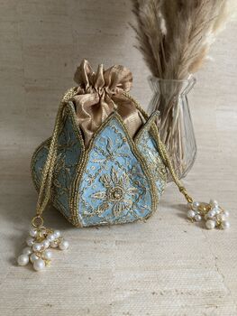 Light Blue Handcrafted Raw Silk Potli Bag/Wrist Bag, 9 of 9