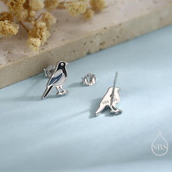 Sterling Silver Magpie Bird Stud Earrings With Enamel, 3 of 11