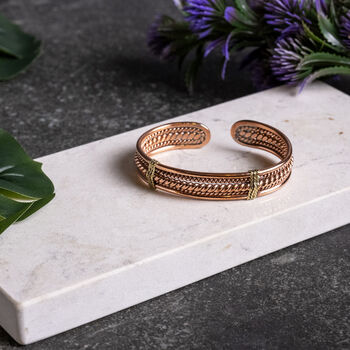 Textured Copper Healing Cuff With Brass Wrap Detail, Unisex Model, 2 of 2