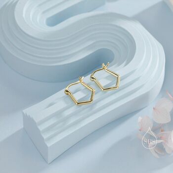 Sterling Silver Pentagon Shape Huggie Hoop Earrings, 6 of 10