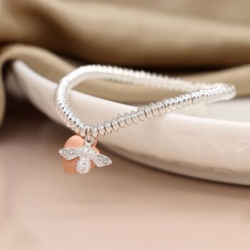 Silver Plate Bead Bracelet With Rose Gold Heart And Bee, 2 of 3
