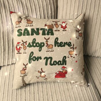 Personalised Santa Please Stop Here Cushion, Kids Santa Christmas Cushion, 4 of 12