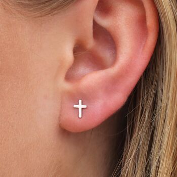 Sterling Silver Cross Stud Earrings, 2 of 4