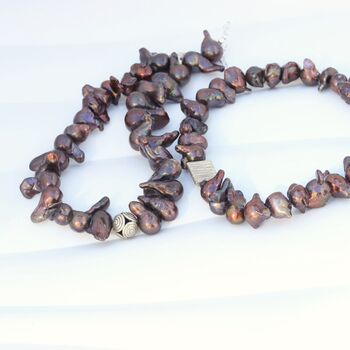 Dramatic Copper Brown Pearl Necklace With Focal Sterling Silver Bead, 8 of 12