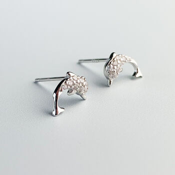 Sterling Silver Crystal Dolphin Stud Earrings, 2 of 5