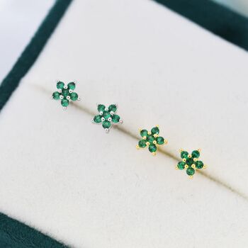 Sterling Silver Emerald Green Flower Cz Stud Earrings, 6 of 12