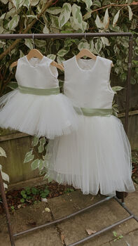 Duchess Satin Flower Girl Dress – Pearl Heart Back And Tulle Skirt Handmade UK, 6 of 8