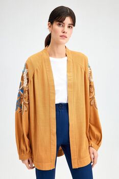 Cinnamon Embroidered Linen Kimono Jacket, 2 of 7