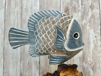 48cm Hand Carved Coral And Blue Fish Figurine On Teak Root Ornament, 8 of 9