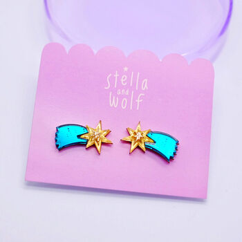 Teal And Gold Shooting Star Stud Earrings, 3 of 8