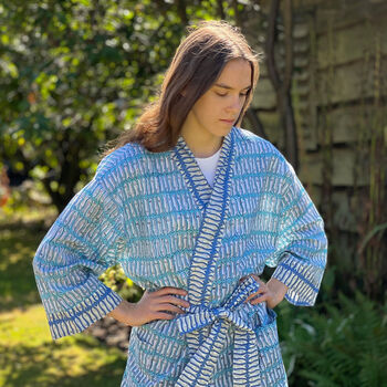 Cotton Block Print Kimono Turquoise And Blue Fish, 3 of 7