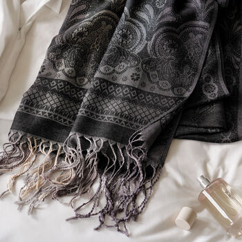 Charcoal Vintage Lace And Paisley Tassel Pashmina, 2 of 5