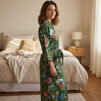 Green Floral Block Print 100% Cotton Dressing Gown, 7 of 7