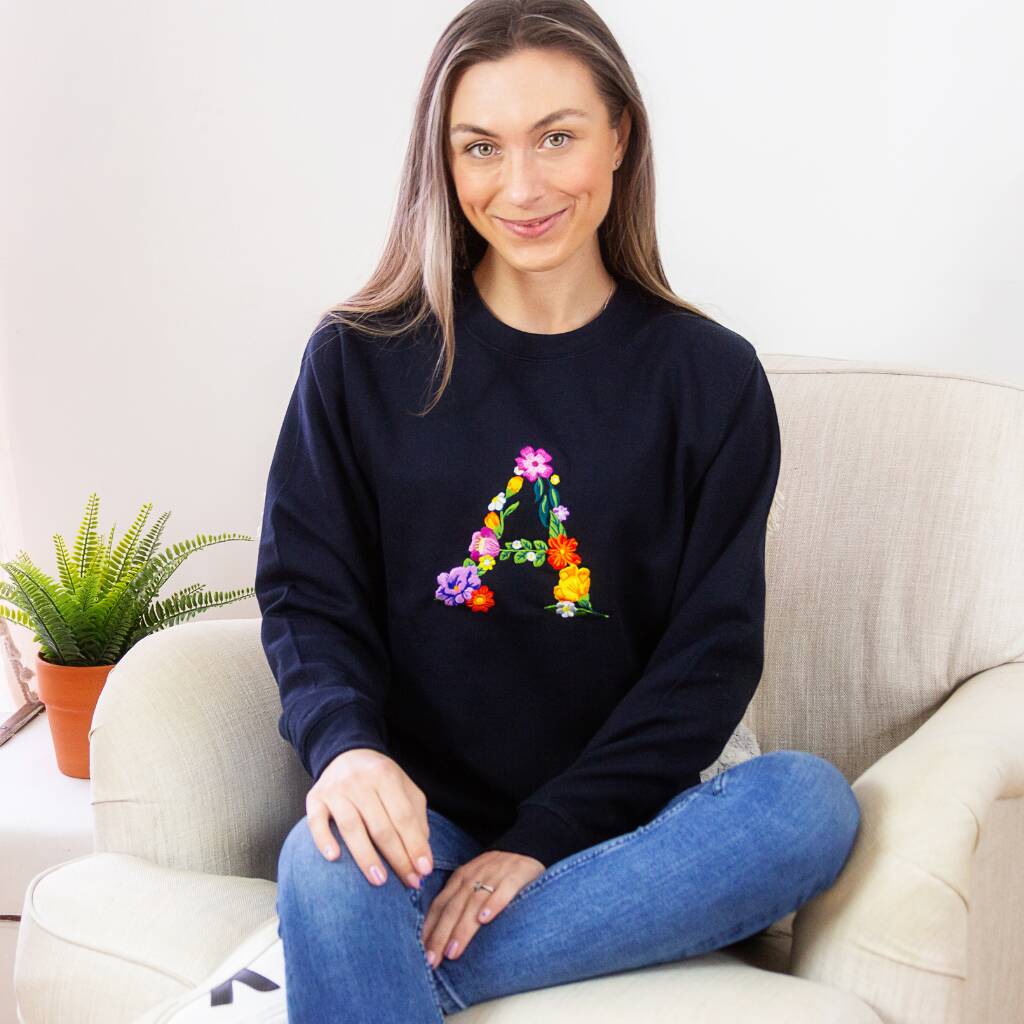 Floral Initial Embroidered Sweatshirt In Navy, 1 of 3