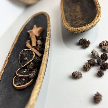 Pair Of Vintage Hand Carved Wooden Bowls Rattan Trim, 9 of 9