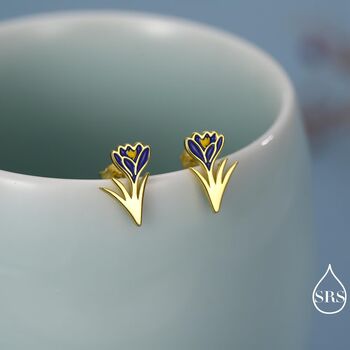 Blue Crocus Flower Stud Earrings In Sterling Silver, 7 of 12