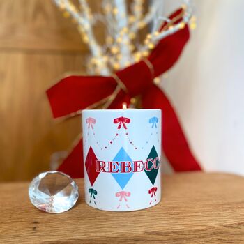 Personalised Harlequin, Pearls And Bow Candle, 4 of 4