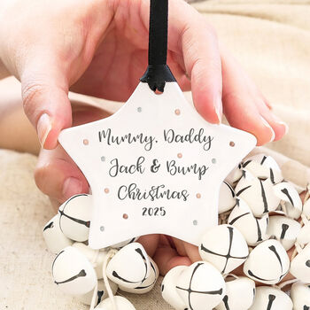 Mummy Daddy And Bump Ceramic Star Tree Decoration, 2 of 5