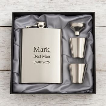 Personalised Stainless Steel Wedding Hip Flask Gift For Groom Groomsmen Bestman With Gift Box, 2 of 2