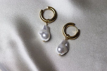 Sculptural Pearl Drop Gold Hoop Earrings, 2 of 4