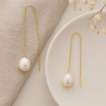 Gold Plated Pearl Threader Earrings – 120mm Drop, 4 of 5