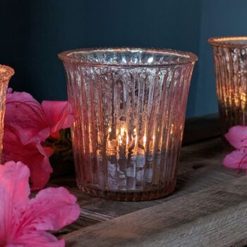 Pink Ribbed Tea Light Glass Votive | Set Of Three, 3 of 3