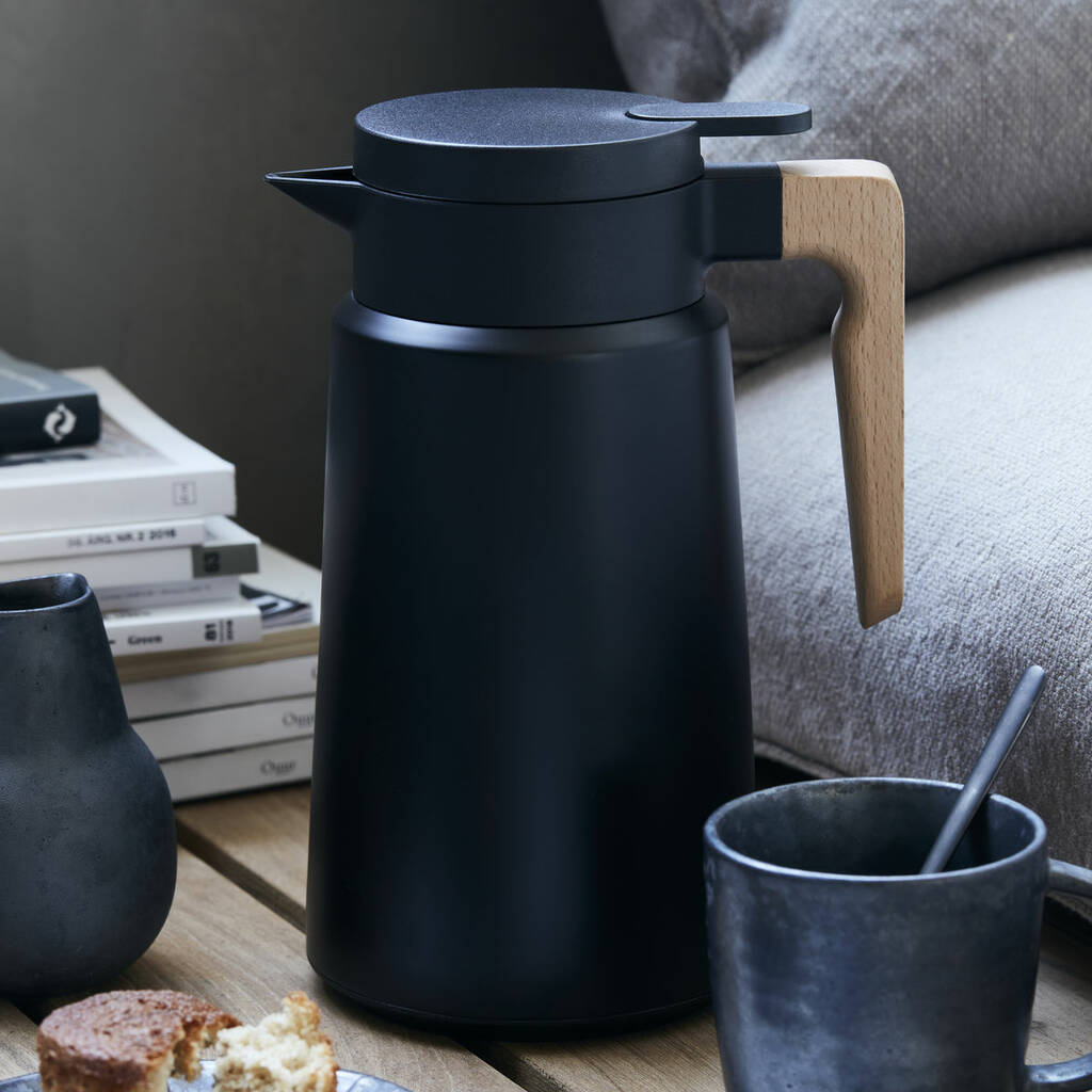 Steel And Beech Thermos Flask In Black, 1 of 2