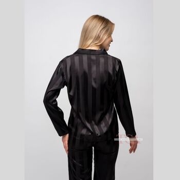 Black Stripe Soft Satin Long Sleeve Women Night Suit, 6 of 11