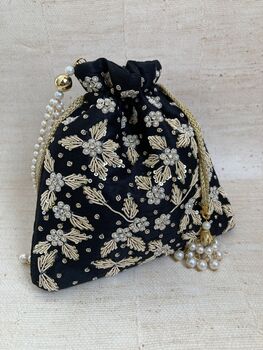 Black Handcrafted Embroidered Potli Bag/Wrist Bag, 3 of 5