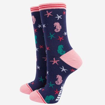 Womens Bamboo Socks Navy Pink Seahorse Starfish, 3 of 4