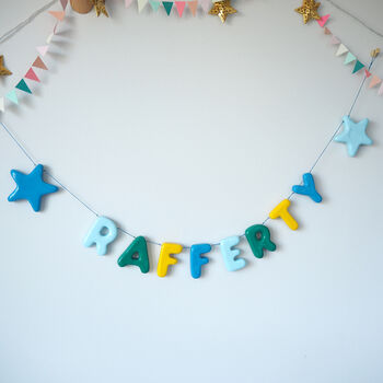 Personalised Handmade Blue And Yellow Name And Star Garland, 3 of 4