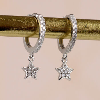 Sterling Silver And Diamante Star Huggie Earrings, 5 of 7