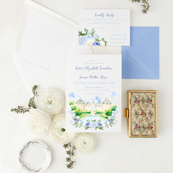 Dusty Blue Wedding Invitations With Venue Painting, 3 of 4