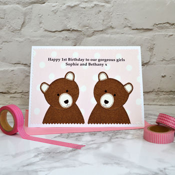 'Bears' Personalised Twin Girl New Baby / Birthday Card, 3 of 4