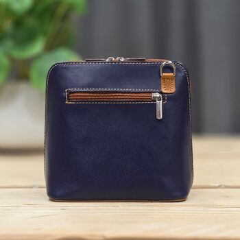Leather Cross Body Handbag In Navy Blue And Tan, 2 of 3