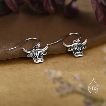 Sterling Silver Highland Cow Drop Dangling Hook Earrings, 2 of 11