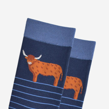 Men's Bamboo Socks Navy Blue Stripe Highland Cow, 5 of 5