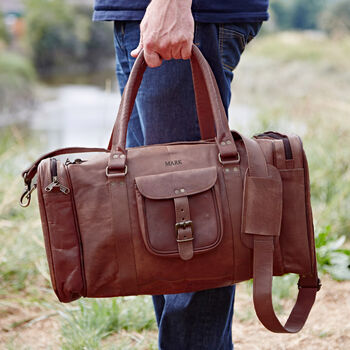 Personalised Brown Leather Holdall With Zipped Pockets, 7 of 11